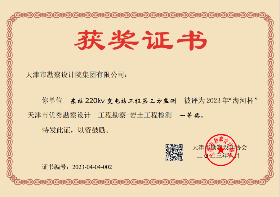 bevictor伟德官网集团加入东站220kv变电站工程第三方监测项目荣获天津市“海河杯”一等奖